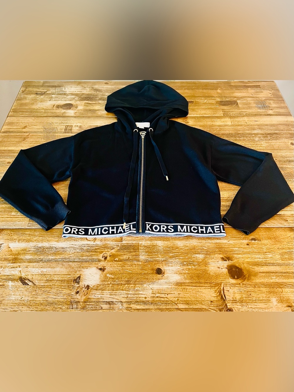 Michael Kors Women’s Black Hooded Zip Jacket with Logo Hem